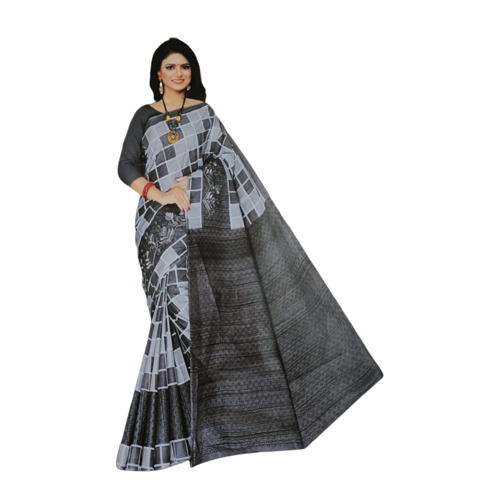Gephical Women's Bandhani Printed, Jari Border Poly Cotton Saree without Blouse