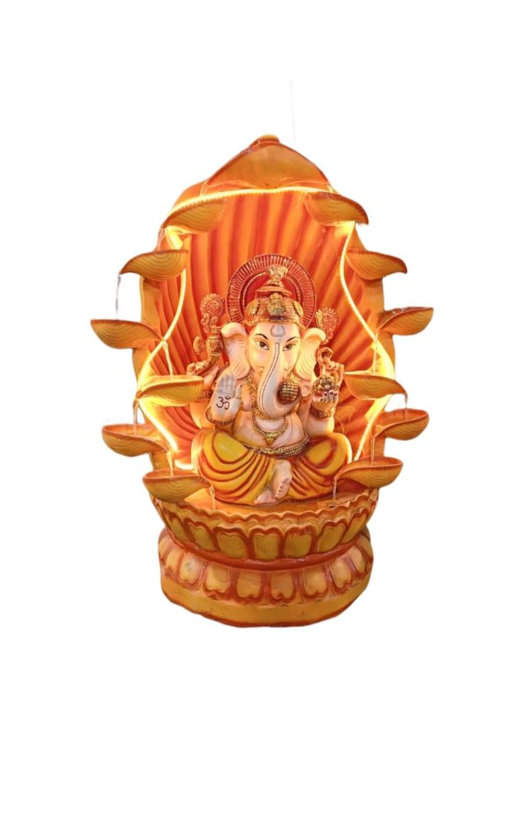 Ganesha Water Fountain Statue, Yellow Decoration Gift Gifting with LED Lights Water Pump (Orange)