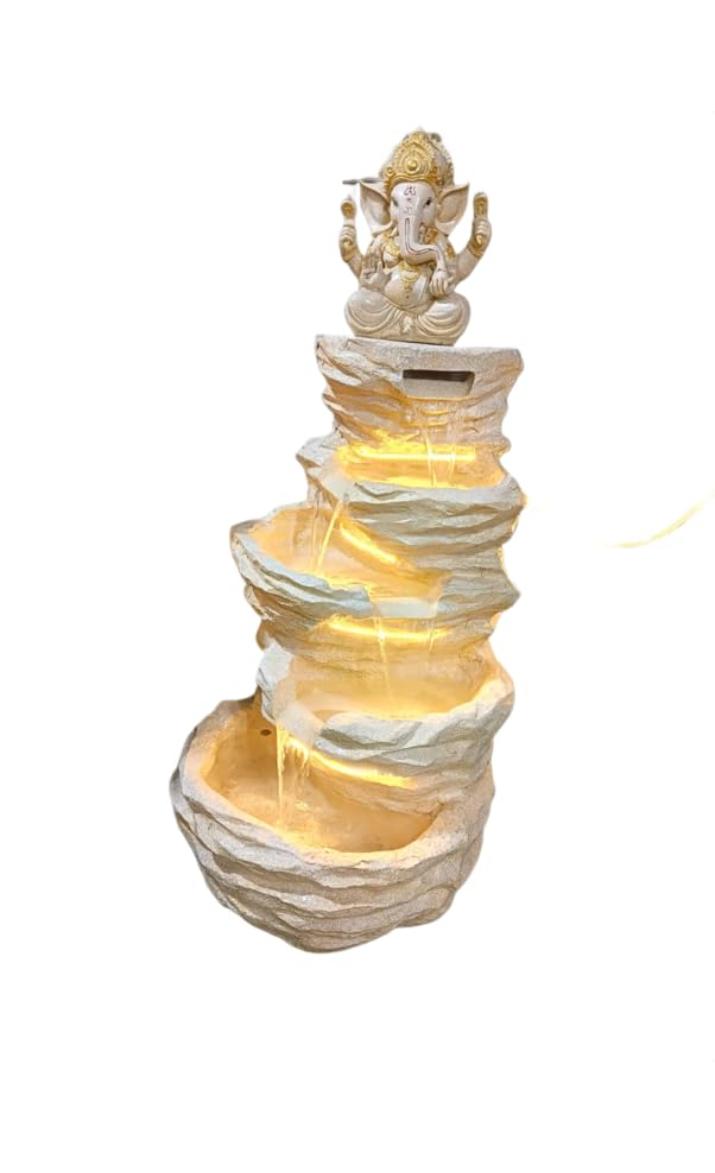 Polyresin Fiberglass 5 Step Ganesha Indoor Outdoor Water Fountain with LED Lights for Home Decor Decoration Showpiece Gift Gifting Items