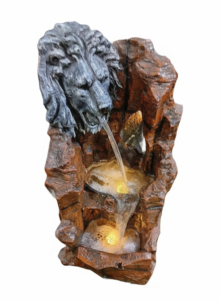 Lion Face LED Water Fountain – Tabletop Décor (Stone Brown)