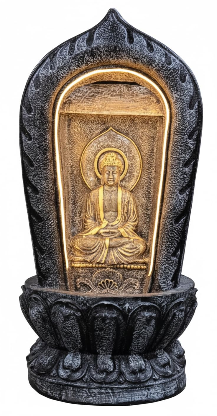Fiber Glass Grey Temple Buddha 38inch Water Fountain-Indoor Outdoor
