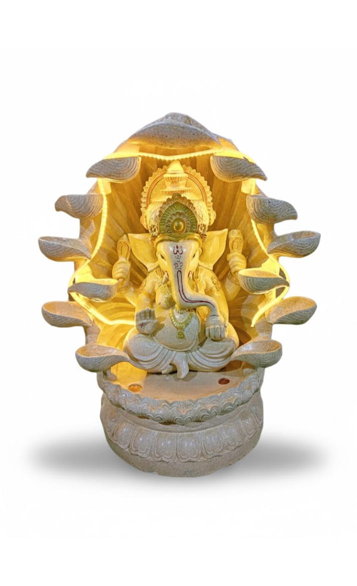 Ganesha Water Fountain Statue, Yellow Decoration Gift Gifting with LED Lights Water Pump (White)