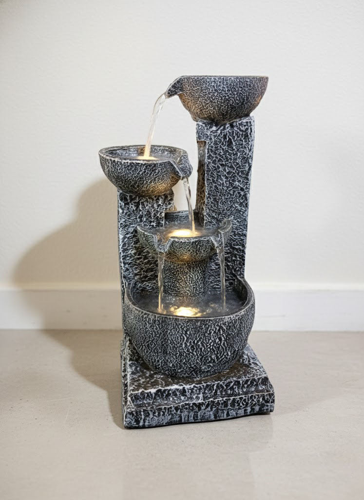 3 Bowl Water Fountain for Indoor Outdoor Garden Grey Home Decor Patio with LED Lights Water Pump