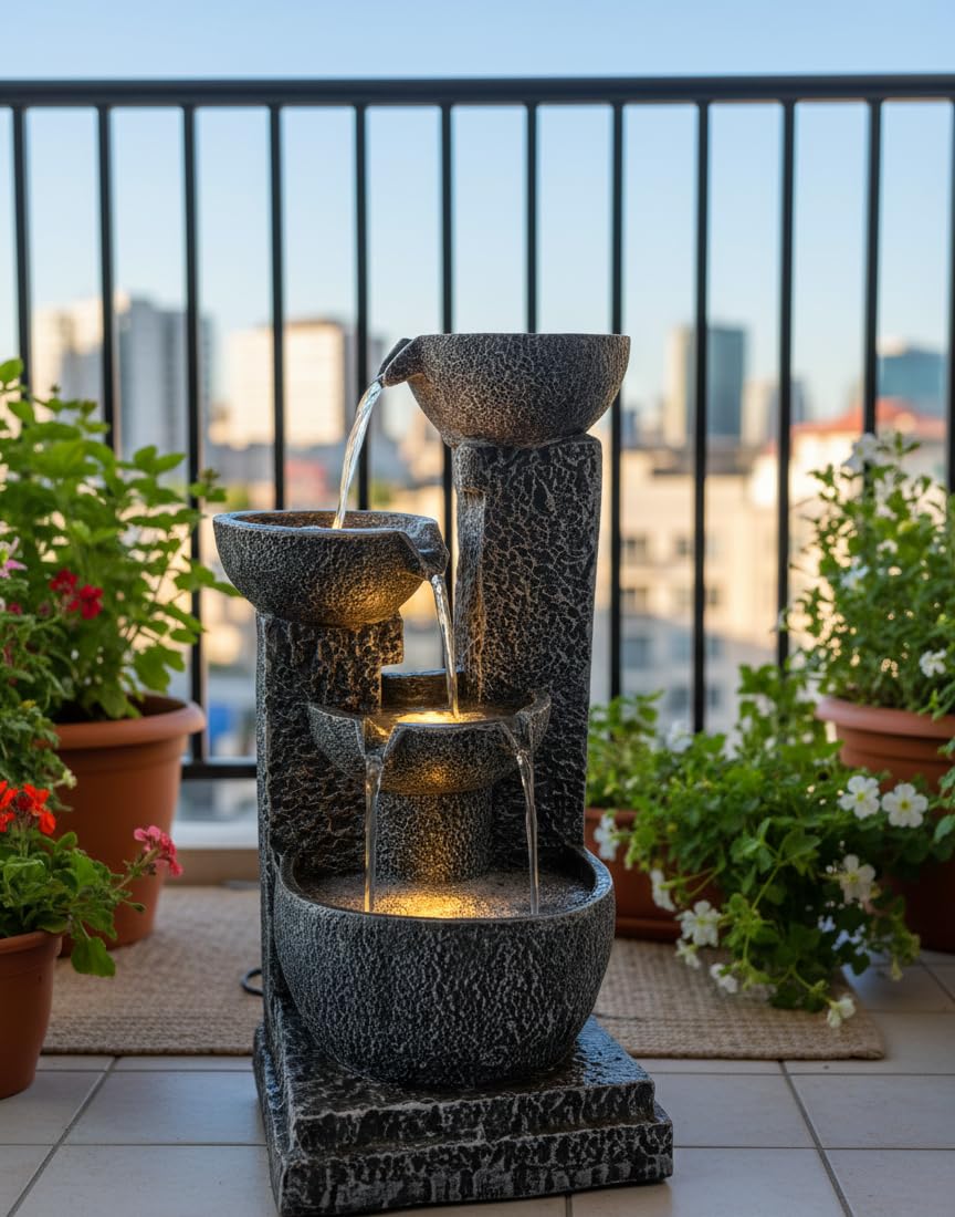 3 Bowl Water Fountain for Indoor Outdoor Garden Grey Home Decor Patio with LED Lights Water Pump