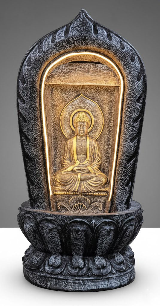 Fiber Glass Grey Temple Buddha 38inch Water Fountain-Indoor Outdoor
