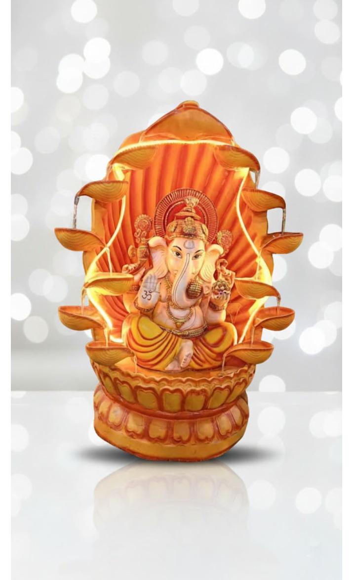 Ganesha Water Fountain Statue, Yellow Decoration Gift Gifting with LED Lights Water Pump (Orange)
