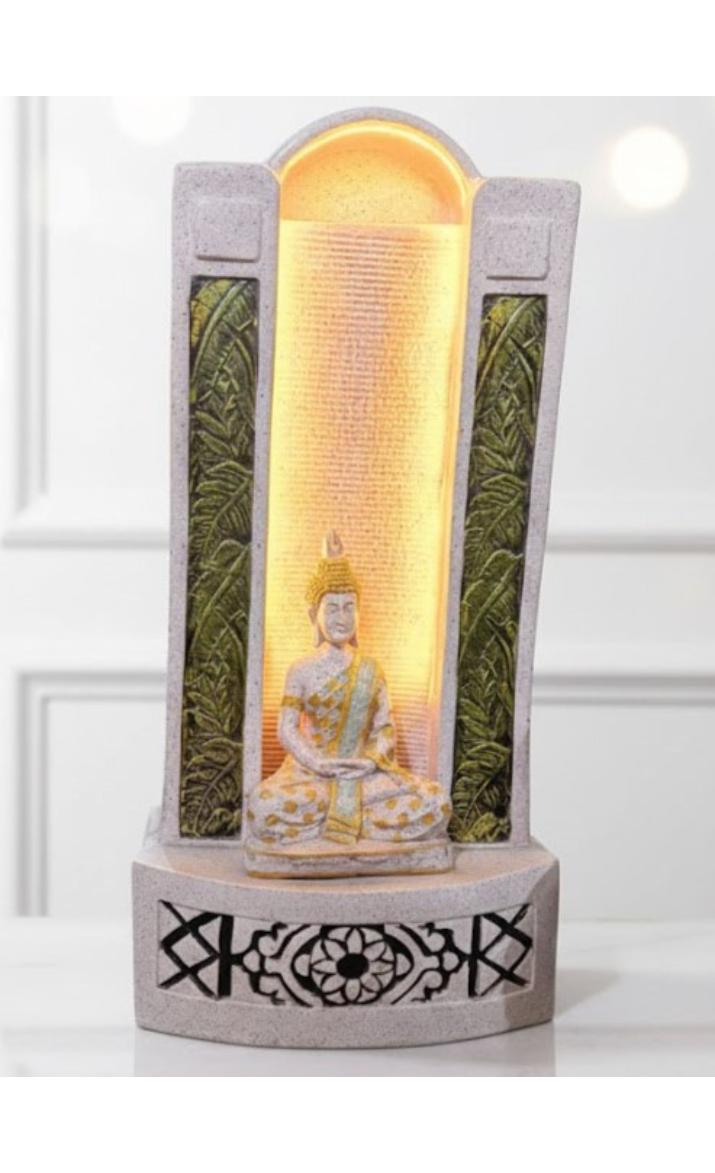 Slate Water Fountain Jharna Buddha Water Fountain with LED Light Water Pump (White)