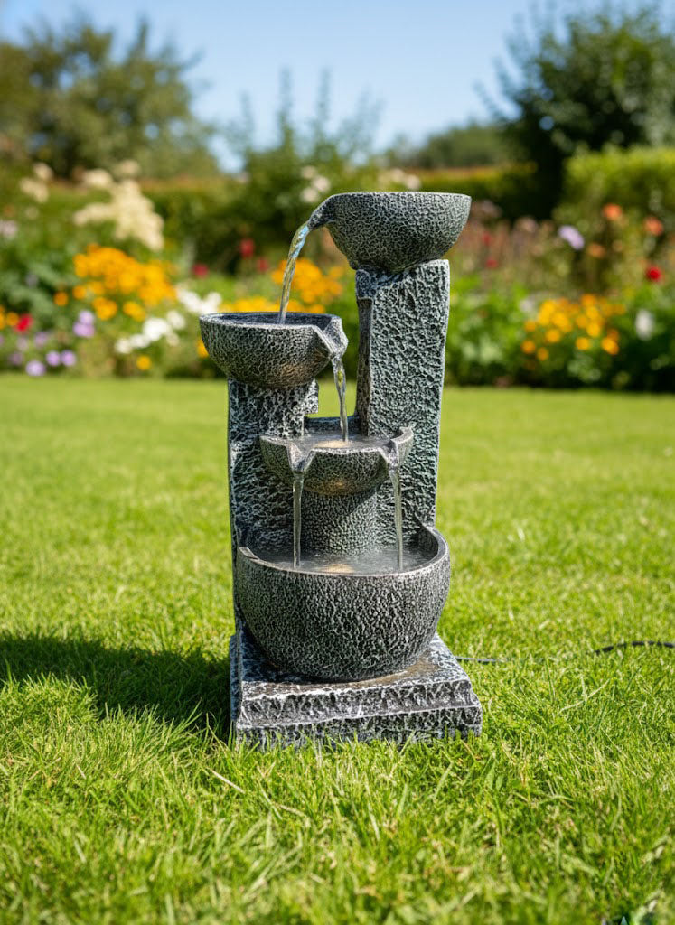 3 Bowl Water Fountain for Indoor Outdoor Garden Grey Home Decor Patio with LED Lights Water Pump