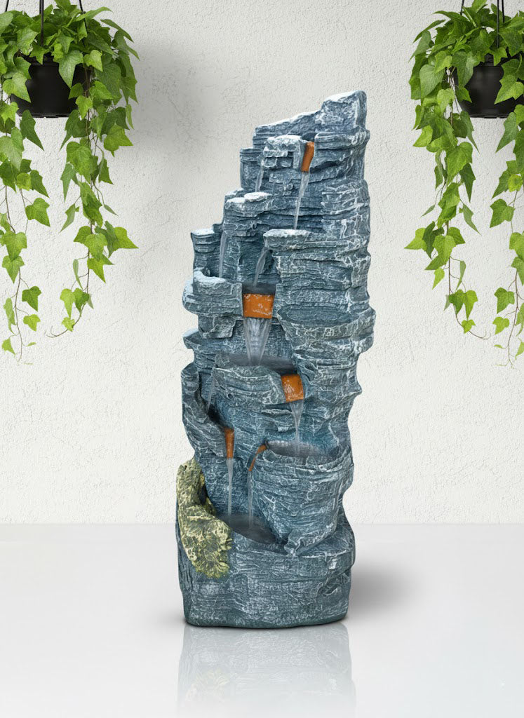 Rock Style 2.5Feet Water Fountain with LED Lights | Indoor Outdoor Decorative Waterfall Showpiece for Home, Garden & Office Decor (Grey)