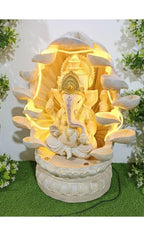 Ganesha Water Fountain Statue, Yellow Decoration Gift Gifting with LED Lights Water Pump (White)