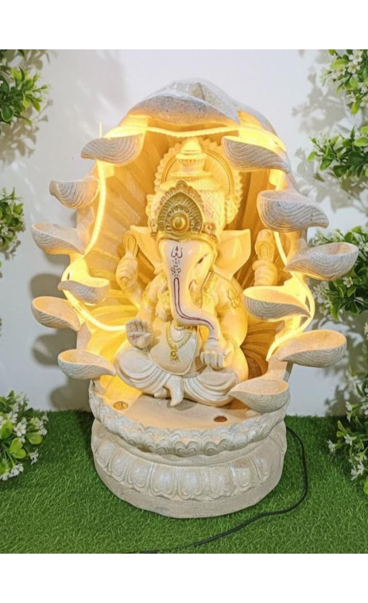 Ganesha Water Fountain Statue, Yellow Decoration Gift Gifting with LED Lights Water Pump (White)
