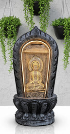 Fiber Glass Grey Temple Buddha 38inch Water Fountain-Indoor Outdoor
