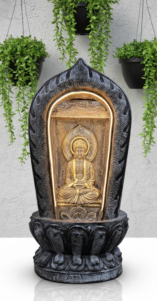 Fiber Glass Grey Temple Buddha 38inch Water Fountain-Indoor Outdoor