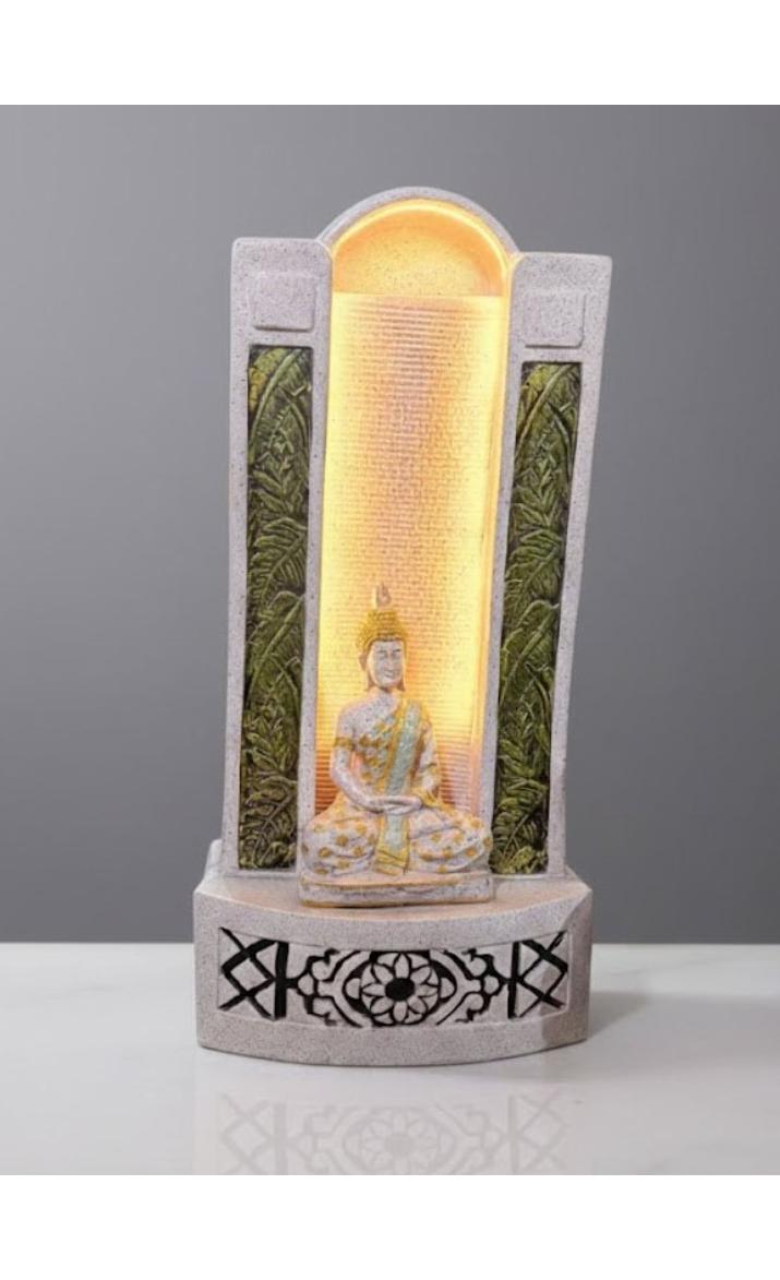 Slate Water Fountain Jharna Buddha Water Fountain with LED Light Water Pump (White)