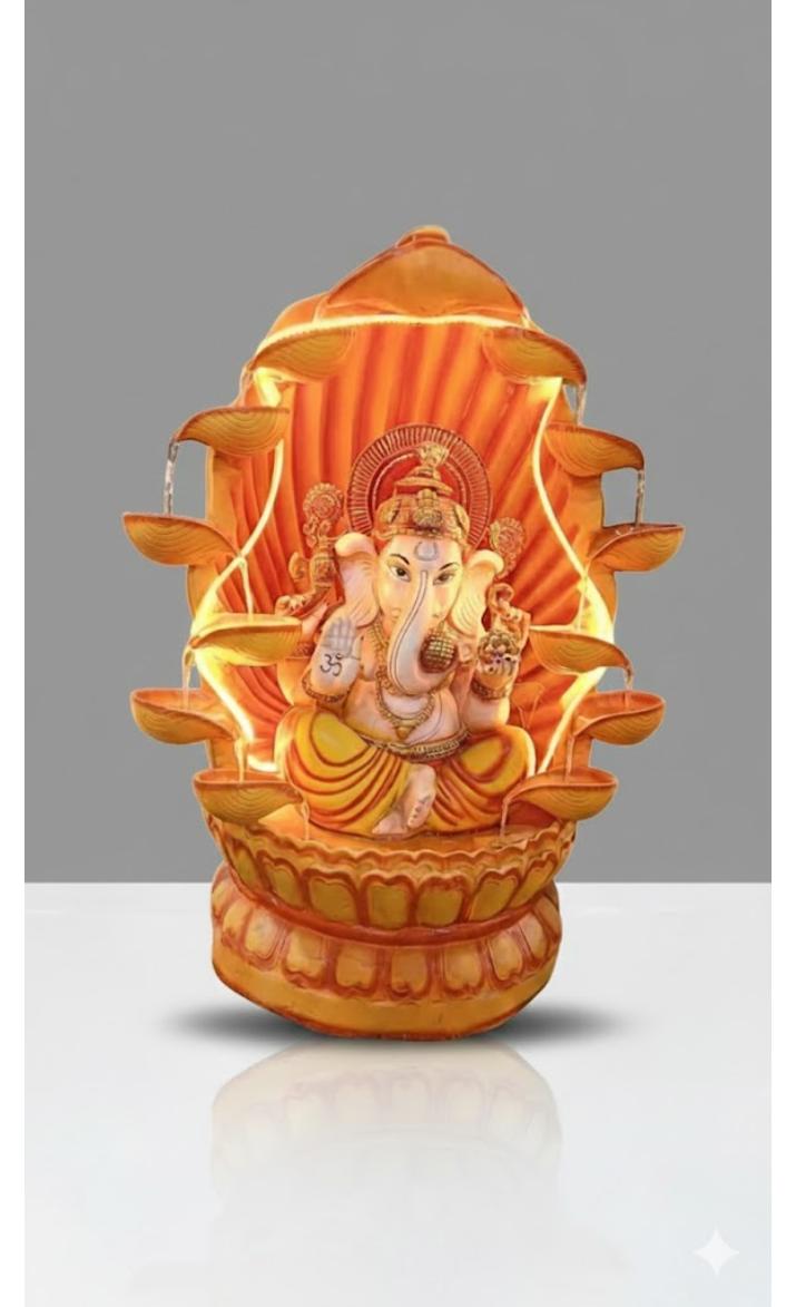 Ganesha Water Fountain Statue, Yellow Decoration Gift Gifting with LED Lights Water Pump (Orange)