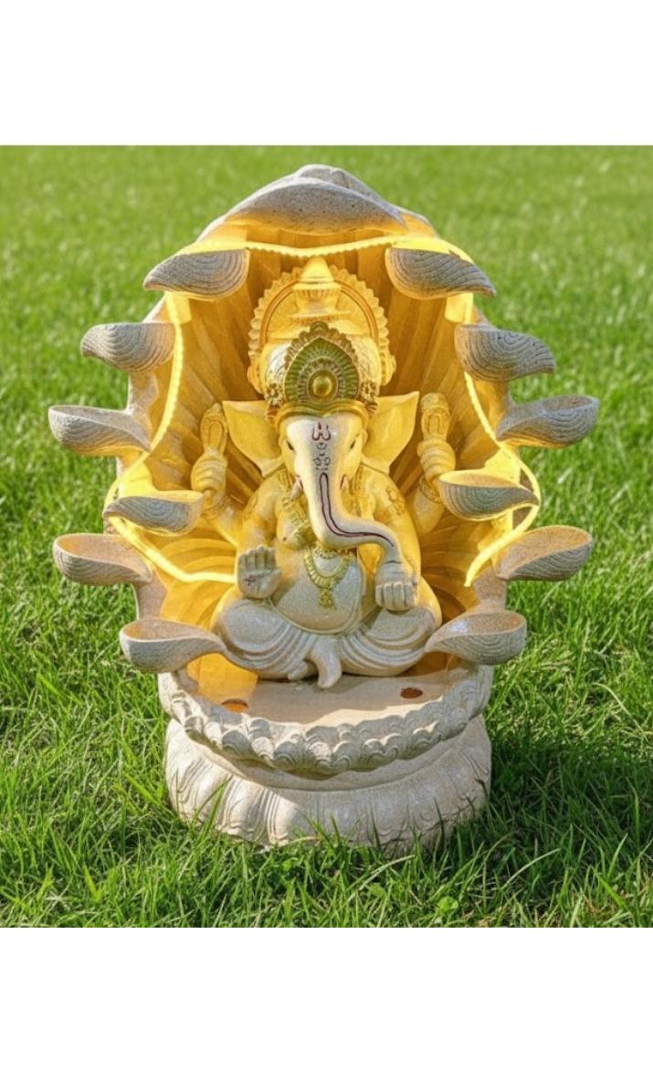 Ganesha Water Fountain Statue, Yellow Decoration Gift Gifting with LED Lights Water Pump (White)