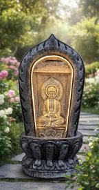 Fiber Glass Grey Temple Buddha 38inch Water Fountain-Indoor Outdoor