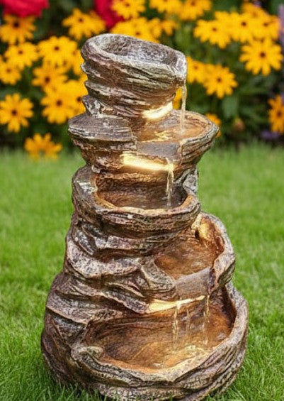 5-Step Stone Fiber LED Water Fountain – Home & Garden Décor (Brown)