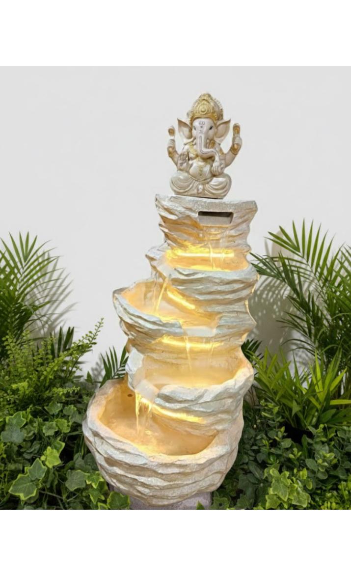 Polyresin Fiberglass 5 Step Ganesha Indoor Outdoor Water Fountain with LED Lights for Home Decor Decoration Showpiece Gift Gifting Items