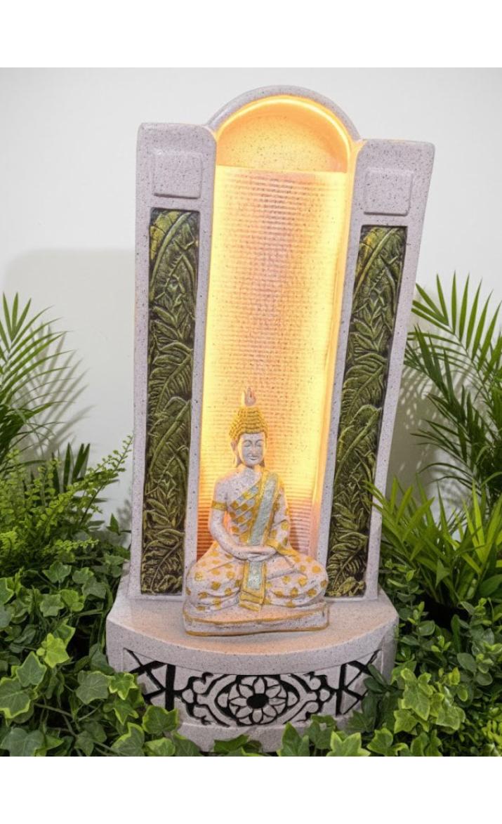 Slate Water Fountain Jharna Buddha Water Fountain with LED Light Water Pump (White)