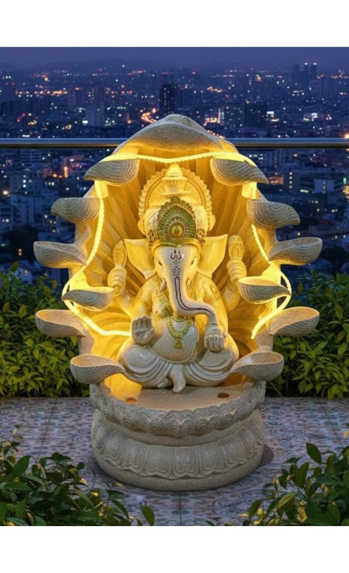 Ganesha Water Fountain Statue, Yellow Decoration Gift Gifting with LED Lights Water Pump (White)