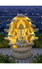 Ganesha Water Fountain Statue, Yellow Decoration Gift Gifting with LED Lights Water Pump (White)