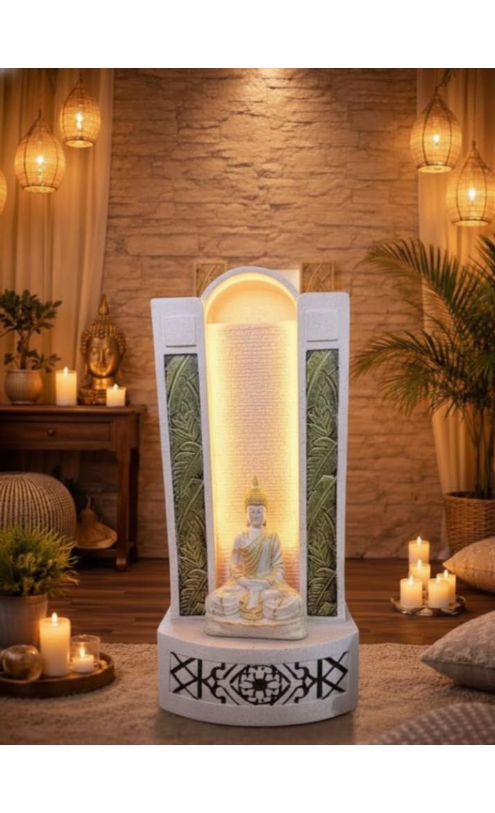 Slate Water Fountain Jharna Buddha Water Fountain with LED Light Water Pump (White)
