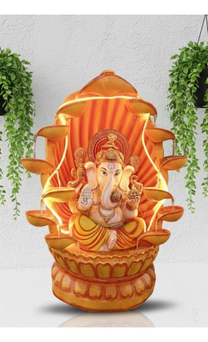 Ganesha Water Fountain Statue, Yellow Decoration Gift Gifting with LED Lights Water Pump (Orange)
