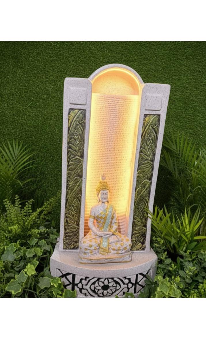 Slate Water Fountain Jharna Buddha Water Fountain with LED Light Water Pump (White)