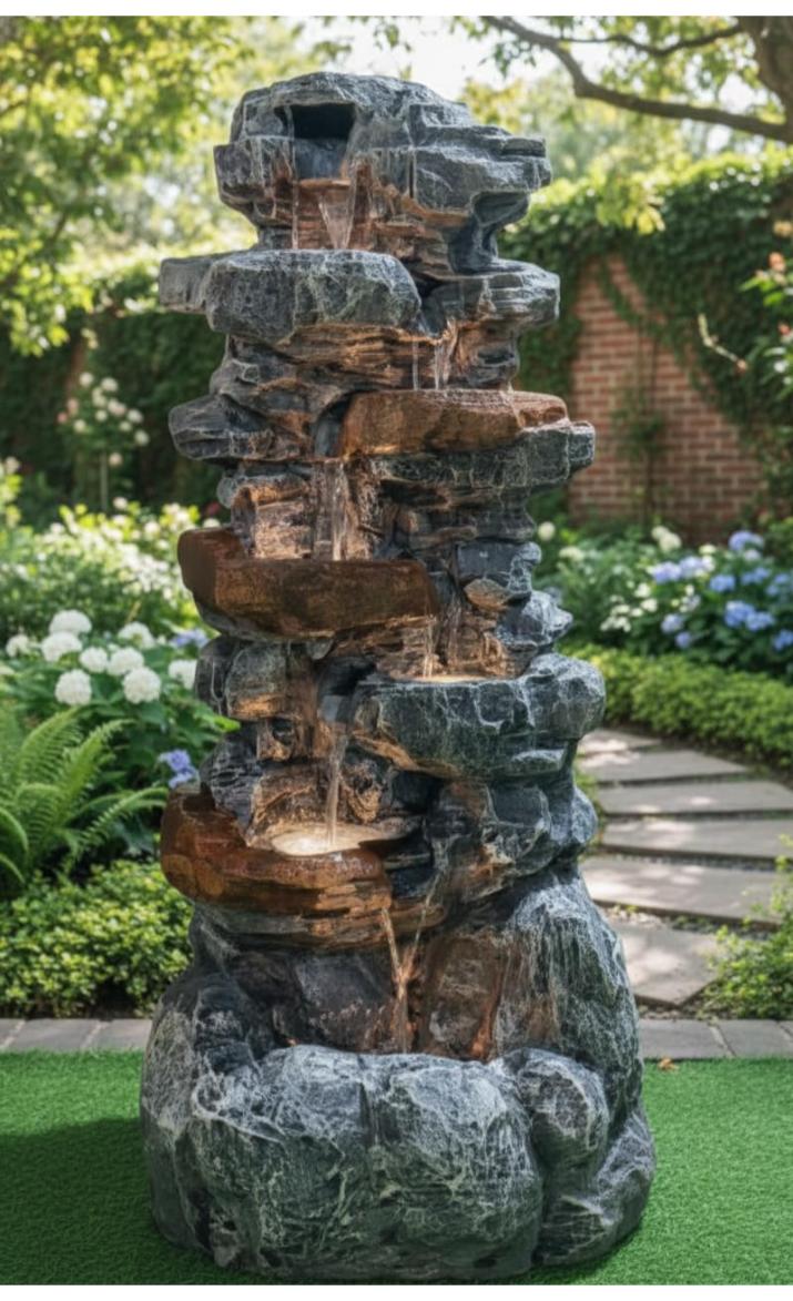 Decorative Rock Water Fountain for Home & Garden 4 FT 9 INCH | Multi-Tier Stone Finish Waterfall Showpiece with LED Light | Indoor Outdoor Tabletop Fountain