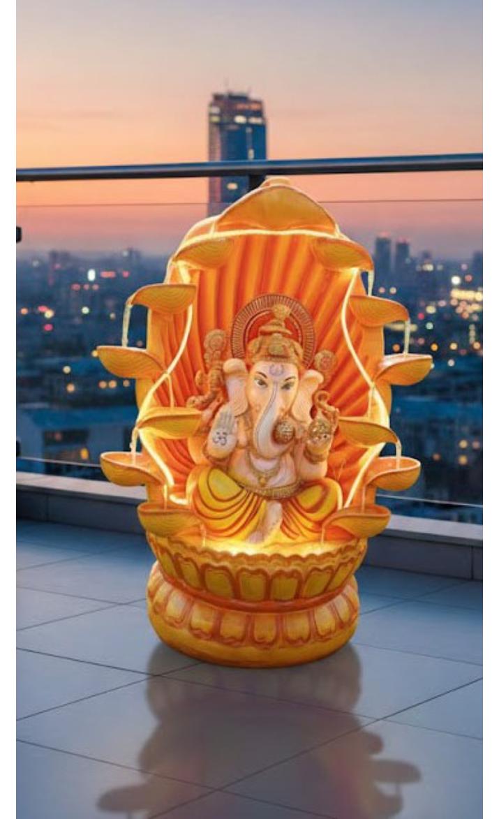 Ganesha Water Fountain Statue, Yellow Decoration Gift Gifting with LED Lights Water Pump (Orange)