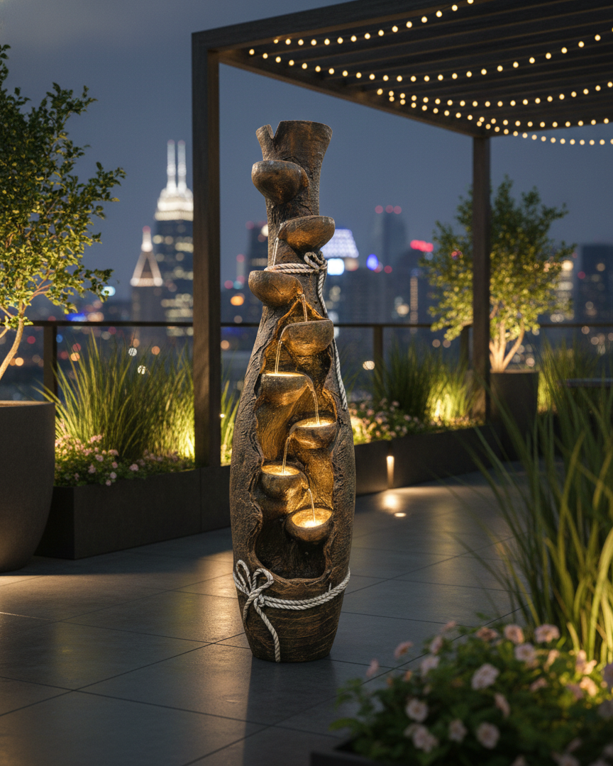Tall Vase Style 7-Tier LED Water Fountain – Indoor & Outdoor Décor