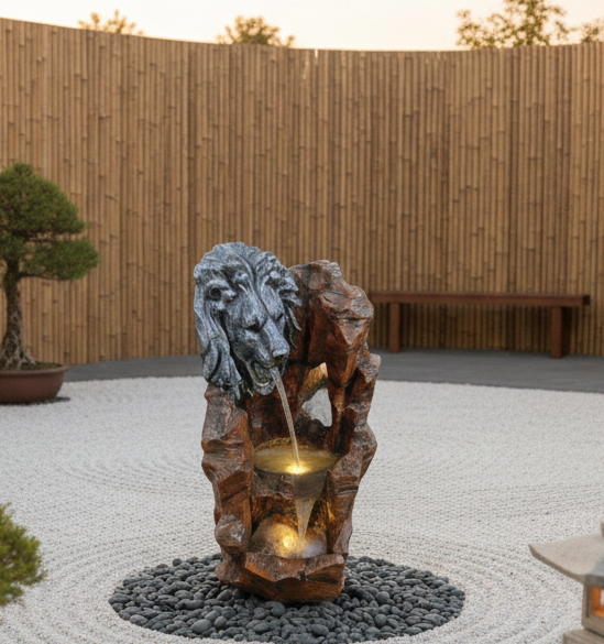Lion Face LED Water Fountain – Tabletop Décor (Stone Brown)