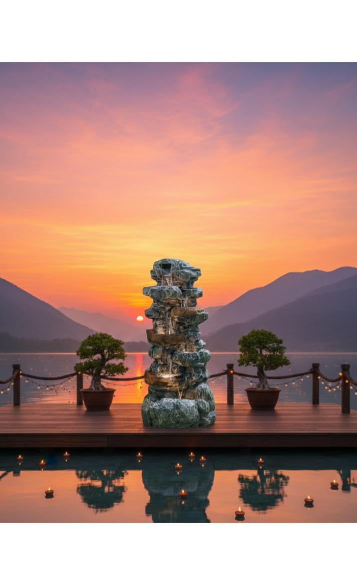 Decorative Rock Water Fountain for Home & Garden 4 FT 9 INCH | Multi-Tier Stone Finish Waterfall Showpiece with LED Light | Indoor Outdoor Tabletop Fountain