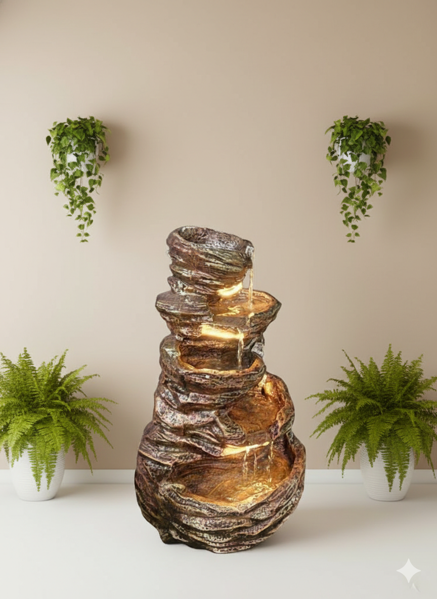 5-Step Stone Fiber LED Water Fountain – Home & Garden Décor (Brown)