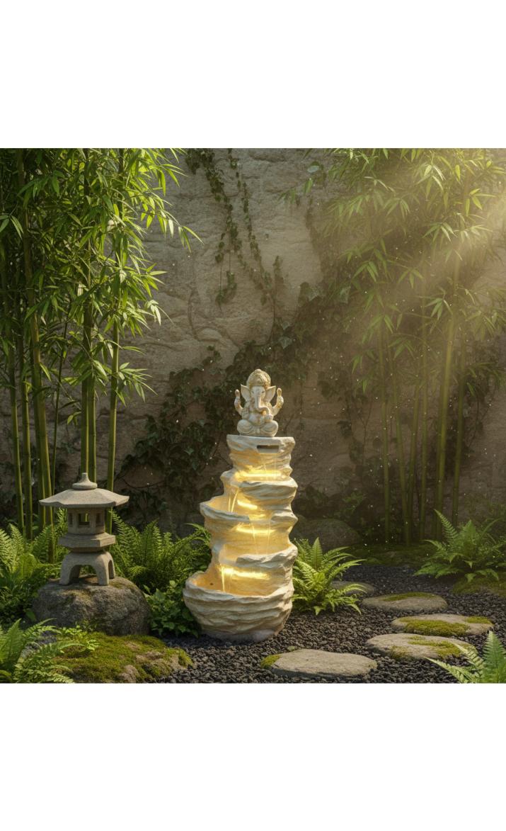 Polyresin Fiberglass 5 Step Ganesha Indoor Outdoor Water Fountain with LED Lights for Home Decor Decoration Showpiece Gift Gifting Items