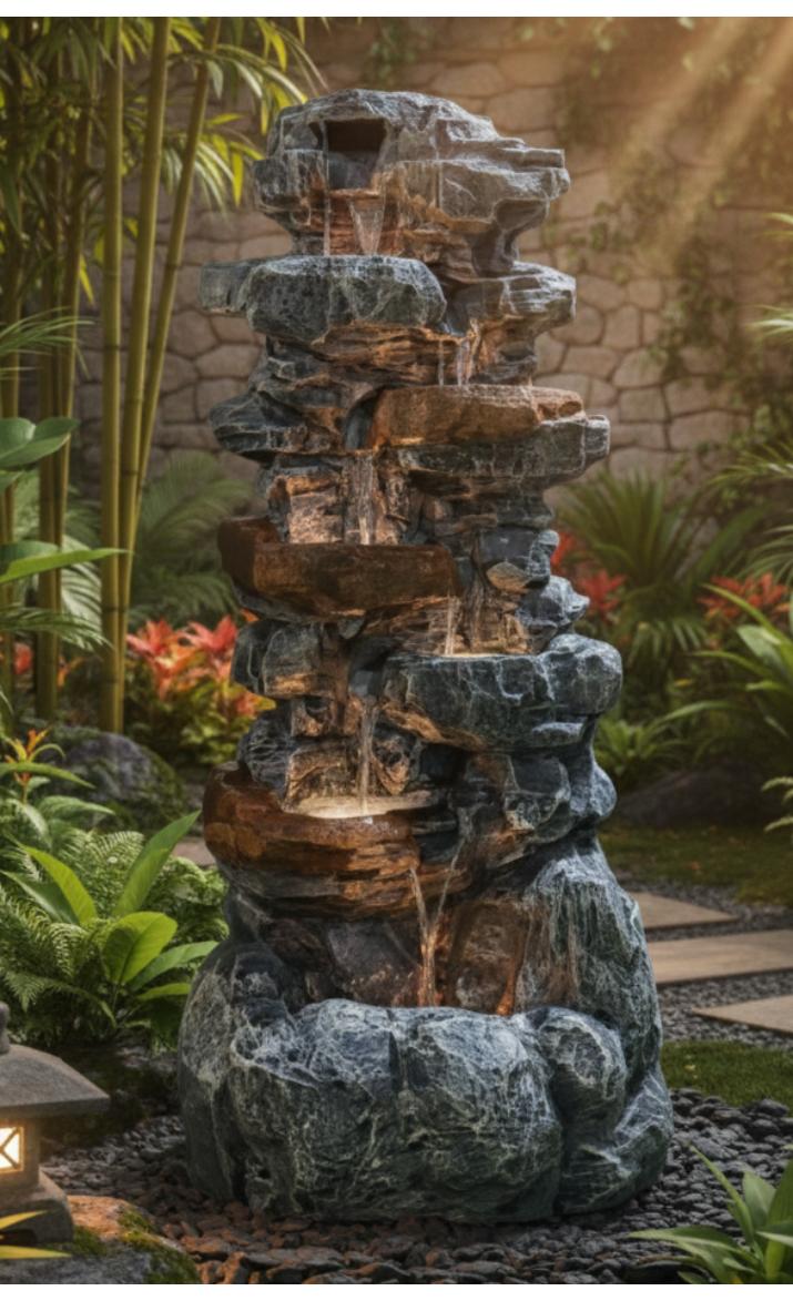Decorative Rock Water Fountain for Home & Garden 4 FT 9 INCH | Multi-Tier Stone Finish Waterfall Showpiece with LED Light | Indoor Outdoor Tabletop Fountain