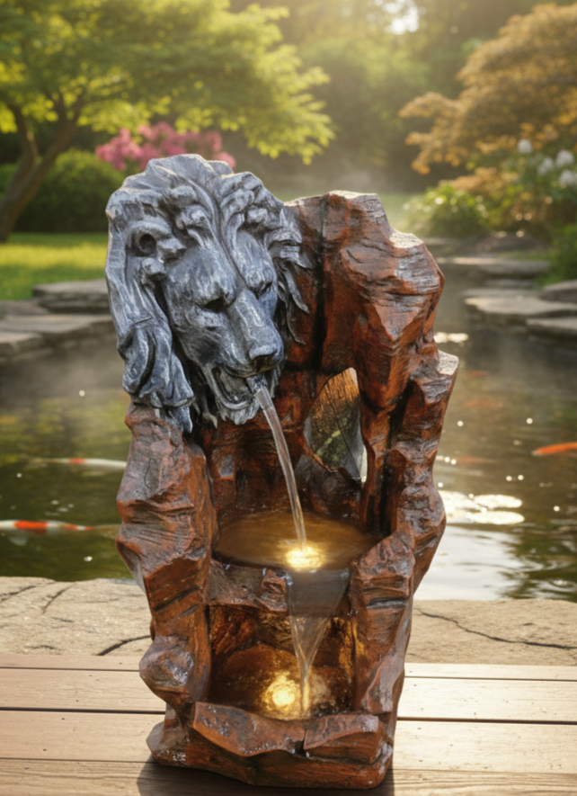 Lion Face LED Water Fountain – Tabletop Décor (Stone Brown)