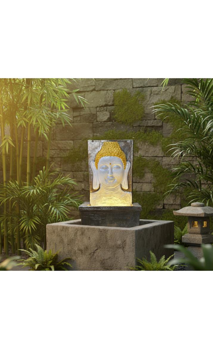 Outdoor Big Size Garden Buddha Face Wall Fountain, Terracotta Finish, 3.3 Feet with Led Lights Water Pump