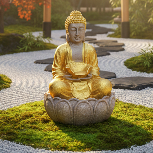 Golden Buddha Water Fountain with Warm LED – Home & Garden Décor