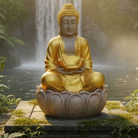 Golden Buddha Water Fountain with Warm LED – Home & Garden Décor